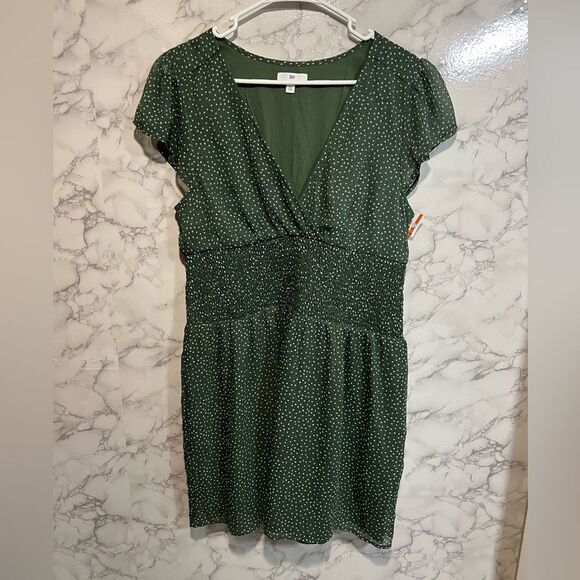 NEW Nordstrom BP Olive Green Print V-Neck Mini Dress Smocked Waist Cap Sleeve L - Picture 1 of 6